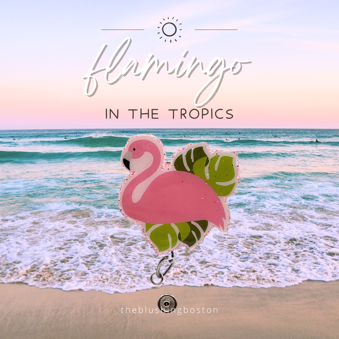 Flamingo in The Tropics - Badge Reel Design W/Belt Clip Reel