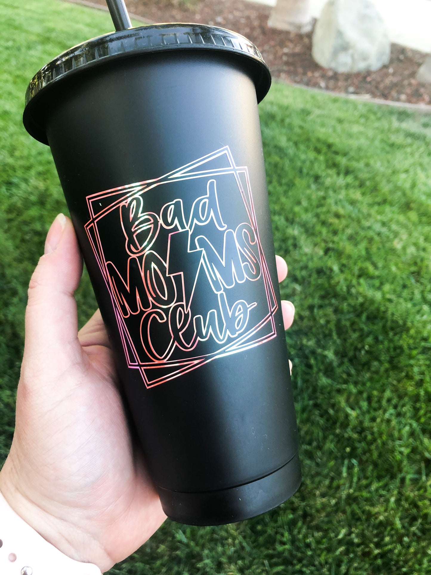 Bad Moms Club - 24 oz Matte Black Cold Cup - Hot Pink Holographic