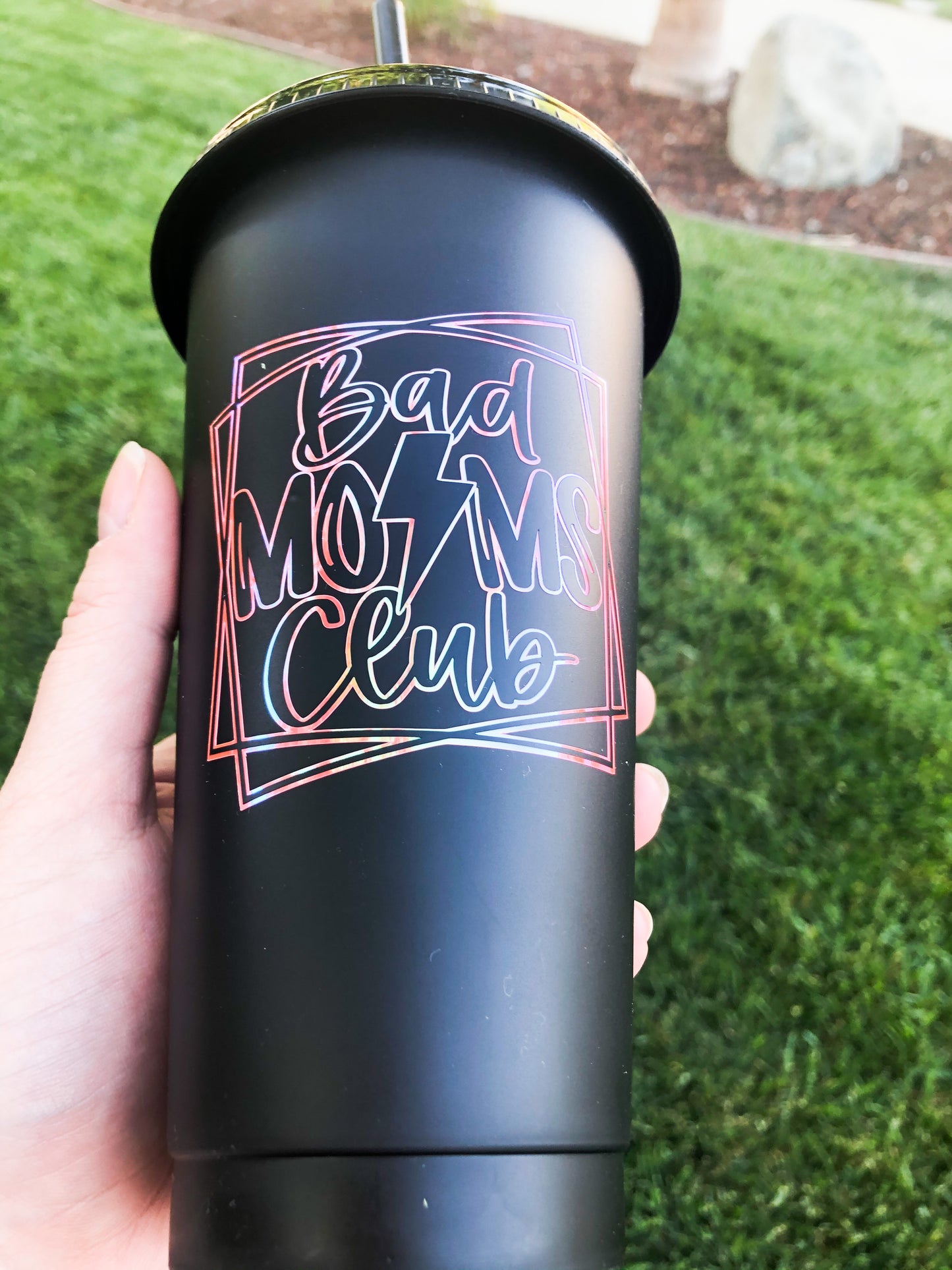 Bad Moms Club - 24 oz Matte Black Cold Cup - Hot Pink Holographic